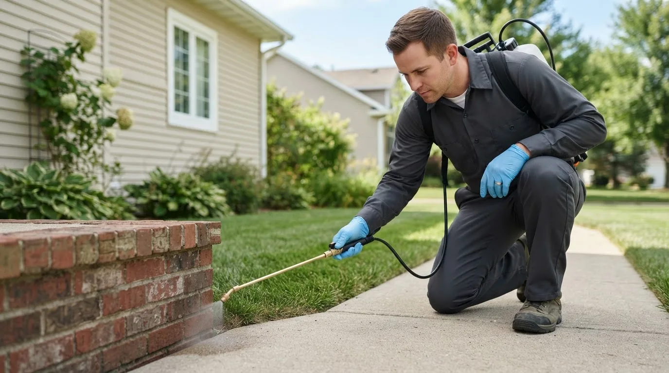 Pest control technician treating a home near Calverton, NY