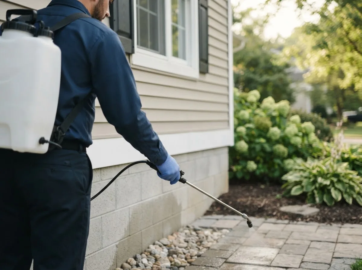 Pest control technician inspecting a home in Calverton, NY
